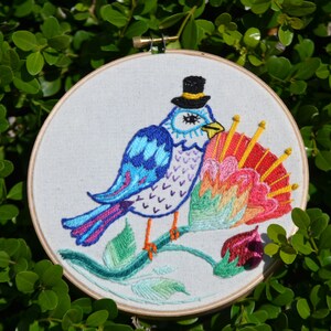 Quirky Hand Embroidered Bird with Flower   Original design