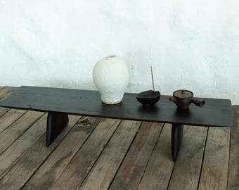 Wooden tea table low, black oak stand for small spaces, unique minimalist home decor