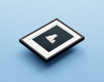 May include: Framed print of a polar bear and cub on a dark blue background. The print is in a black frame.
