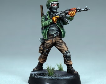 Geschilderde zombicideminiatuur, geschilderd zombicidekarakter Terry, ak47 soldaatminiatuur, Oekraïense soldaatminiatuur, cyberpunkminiatuur, scifi