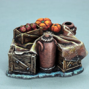 Painted Market stall Miniature, painted Dungeons and Dragons Furniture, painted D&D Marketplace miniature, DnD pumpkin miniature, dnd stall