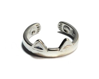 100%【Sterling Silver】cute adjustable cat ear ring with paw prints details, kitty ring,stacking ring,unique hand carved gifts, silver jewelry