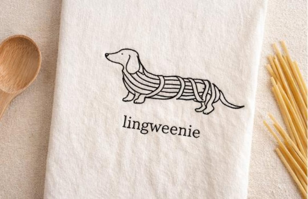 Wiener Dog Pasta Embroidered Kitchen Towel | Pastaweenie Collection | Lingweenie | Torteweenie