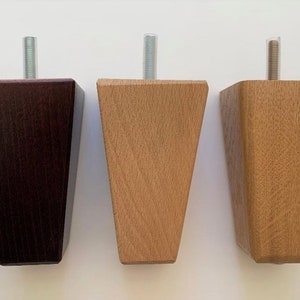 Set of 4 new solid wood chunky wooden furniture legs / feet. Choice of raw beech, natural, mahogany, varnished oak. D.I.Y, footstools, sofas