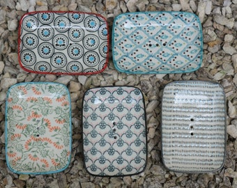 Seifenschale Keramik, eckig, mit Ablauf, gemustert, bunt, handbemalt, Seifenablage stabil