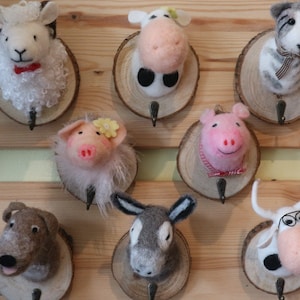 Wardrobe key hook, coat hook cow donkey dog cat horse pig, felt, also for children