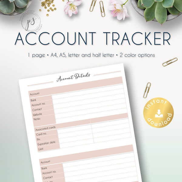 Printable BANK ACCOUNT information tracker | Finance Planner printable | by PapeterieStudio