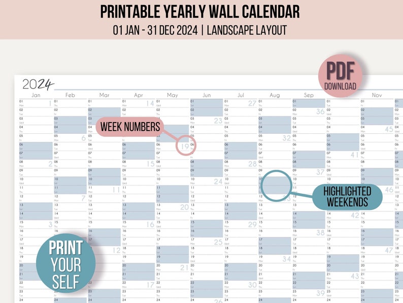 Printable 2024 Yearly Wall Calendar A1 to A4 Sizes Full Year Monthly ...