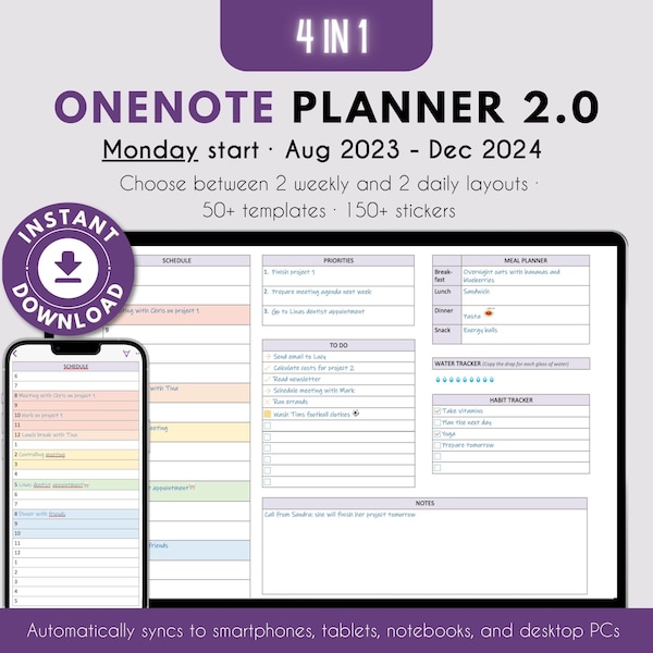 OneNote Planner Aug 2023-Dec 2024 Monday Start Minimalist Digital Planner, 50+ Templates, Stickers, Compatible with Windows, Android, Apple