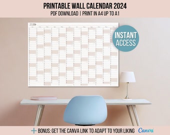 Printable 2024 Yearly Wall Calendar | A1 to A4 Sizes | Full Year Monthly Planner | Blush Year-at-a-Glance Calendar | PDF + PNG Download