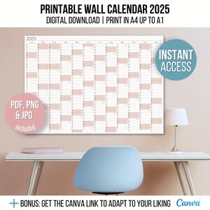 2025 Wall Calendar Printable - Big Yearly Planner, Giant Wall Calendar, Printable & Editable Yearly Planner 2025, blush landscape