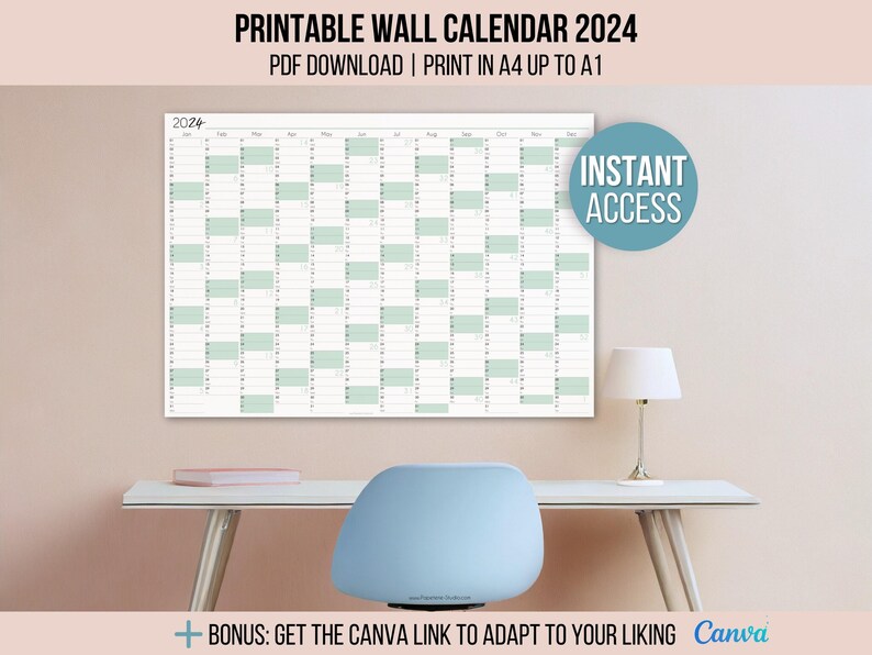 Printable 2024 Yearly Wall Calendar A1 to A4 Sizes Full Etsy Australia