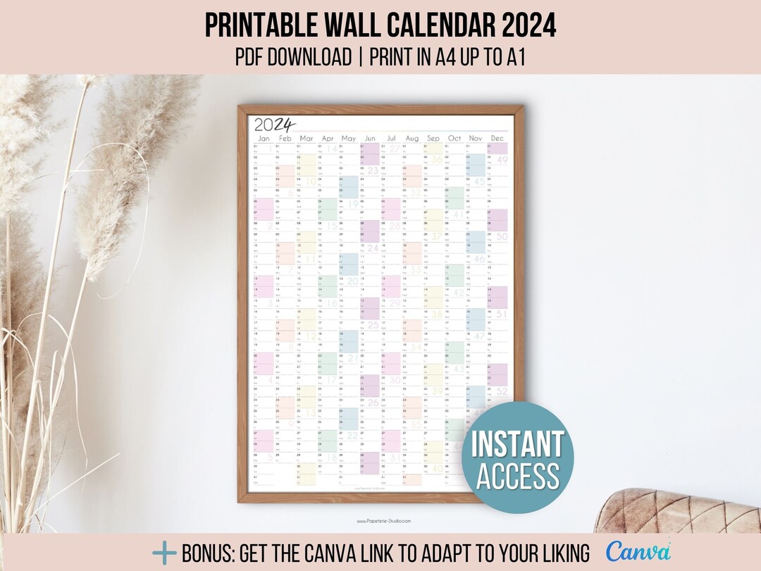 2024 YEARLY WALL CALENDAR Printable A1 to A4 Full Year Calendar 2024 ...