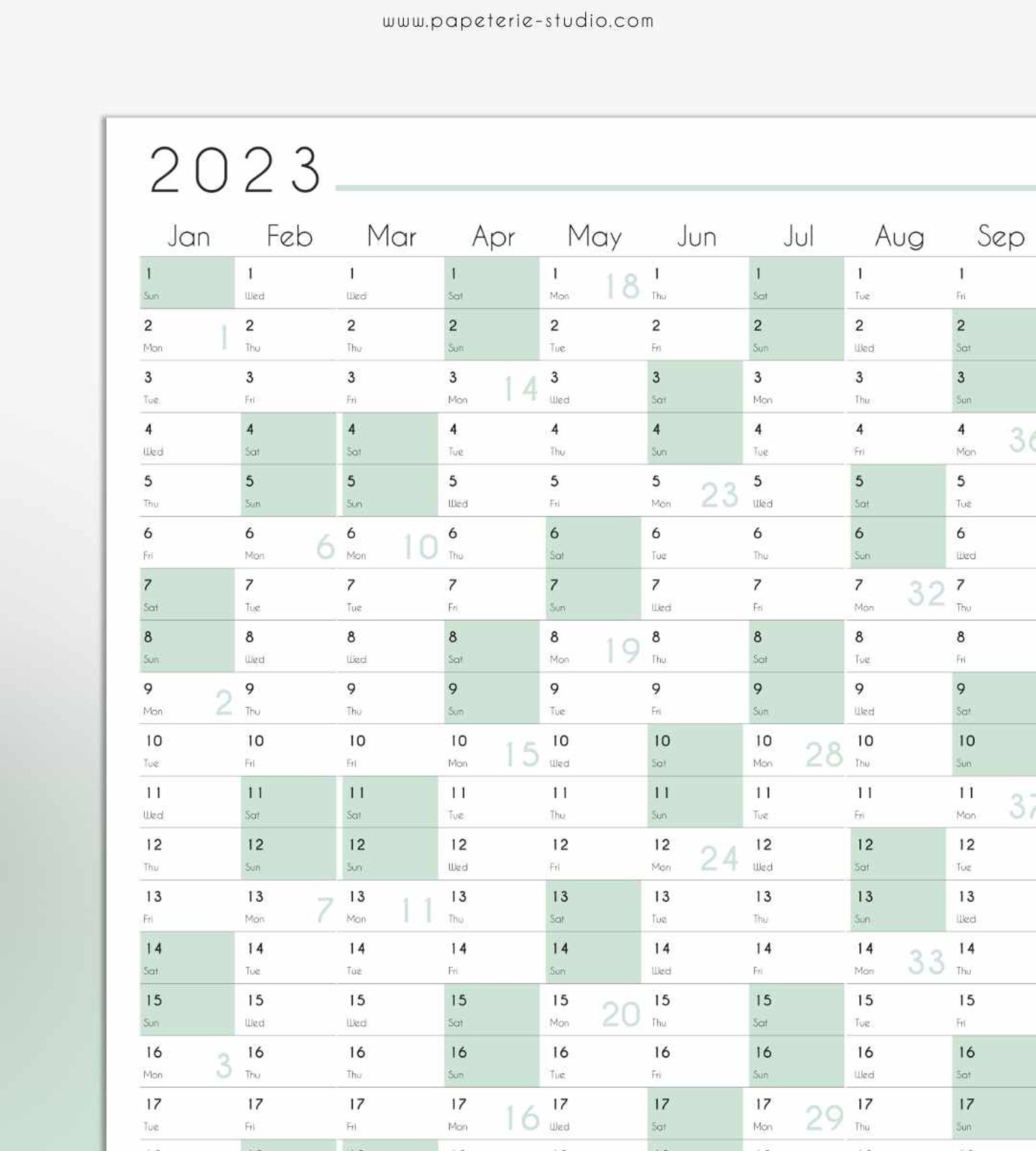 2023 YEARLY WALL CALENDAR Printable Mint Tones A1 to A4 Etsy Canada