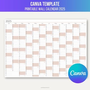 2025 Wall Calendar Canva Template - Large Yearly Planner, Editable Wall Calendar, Printable Annual Overview - Blush landscape