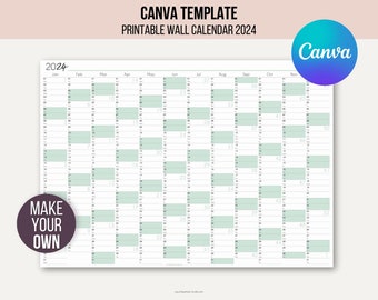 Canva template for 2024 customizable wall calendar | Full Year Calendar template 2024 customizable 2024 MINT Yearly Calendar Wall Planner