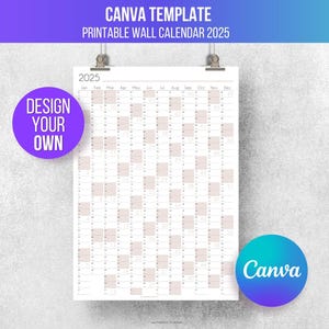 Canva template for 2025 editable WALL CALENDAR | Full Year Calendar template 2024 customizable 2024 Blush Yearly Calendar Wall Planner