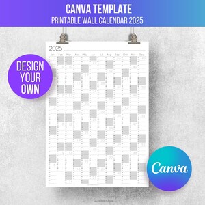 Canva template for 2025 editable WALL CALENDAR | Full Year Calendar template 2024 customizable 2024 Blush Yearly Calendar Wall Planner grey