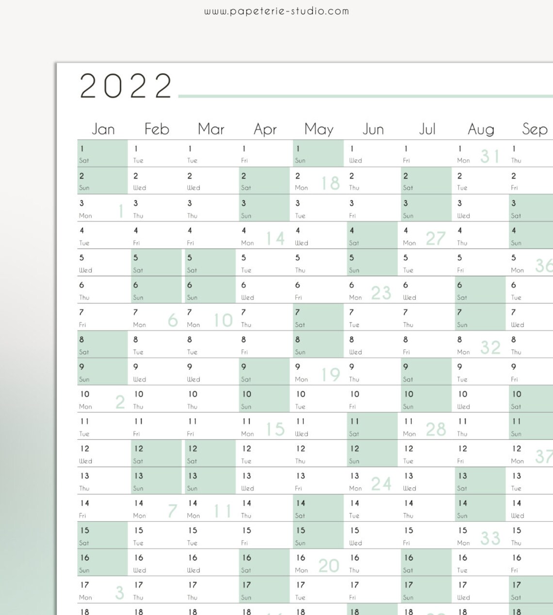 2022 YEARLY WALL CALENDAR Printable Wall Planner 2022 Mint Etsy