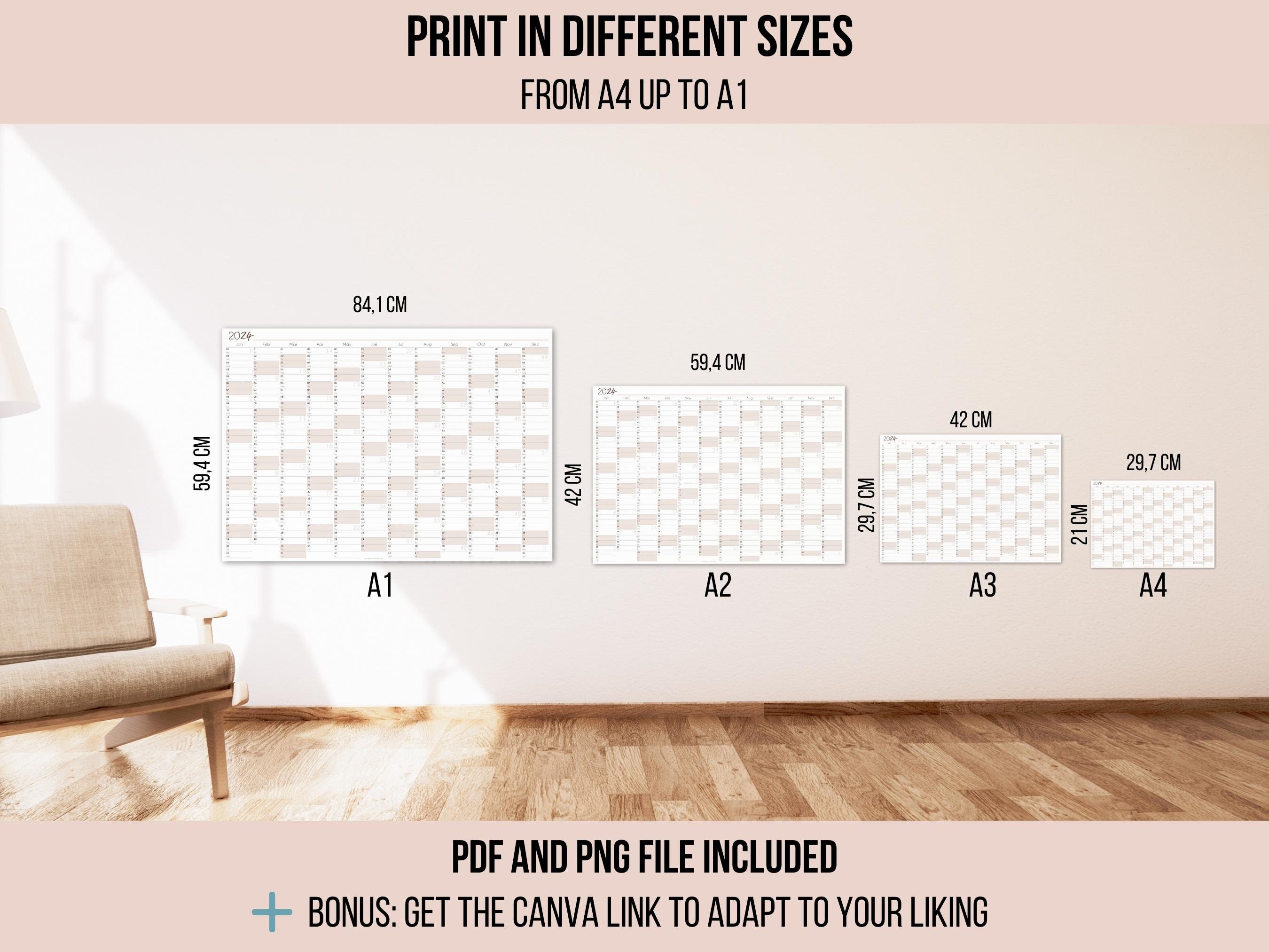 Printable 2024 Yearly Wall Calendar A1 to A4 Sizes Full Year Monthly ...