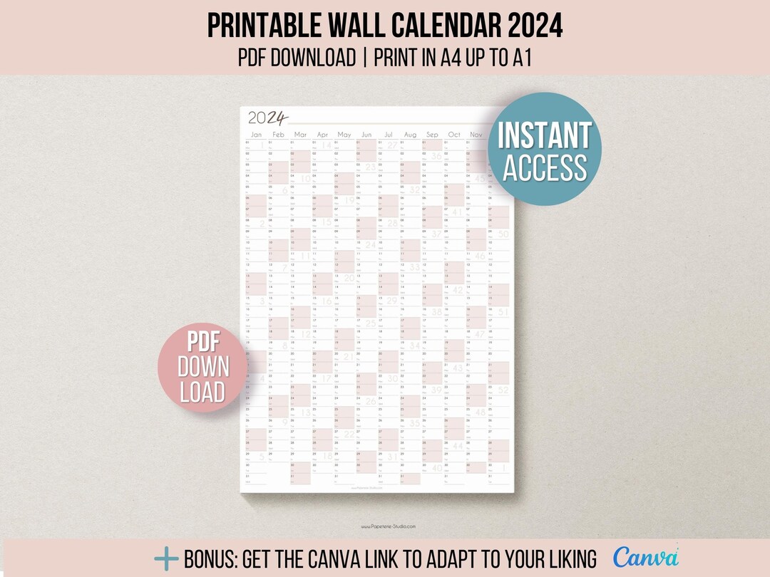 2024 Yearly Wall Calendar Printable A1-A4 Plan Ahead With Our Full Year ...