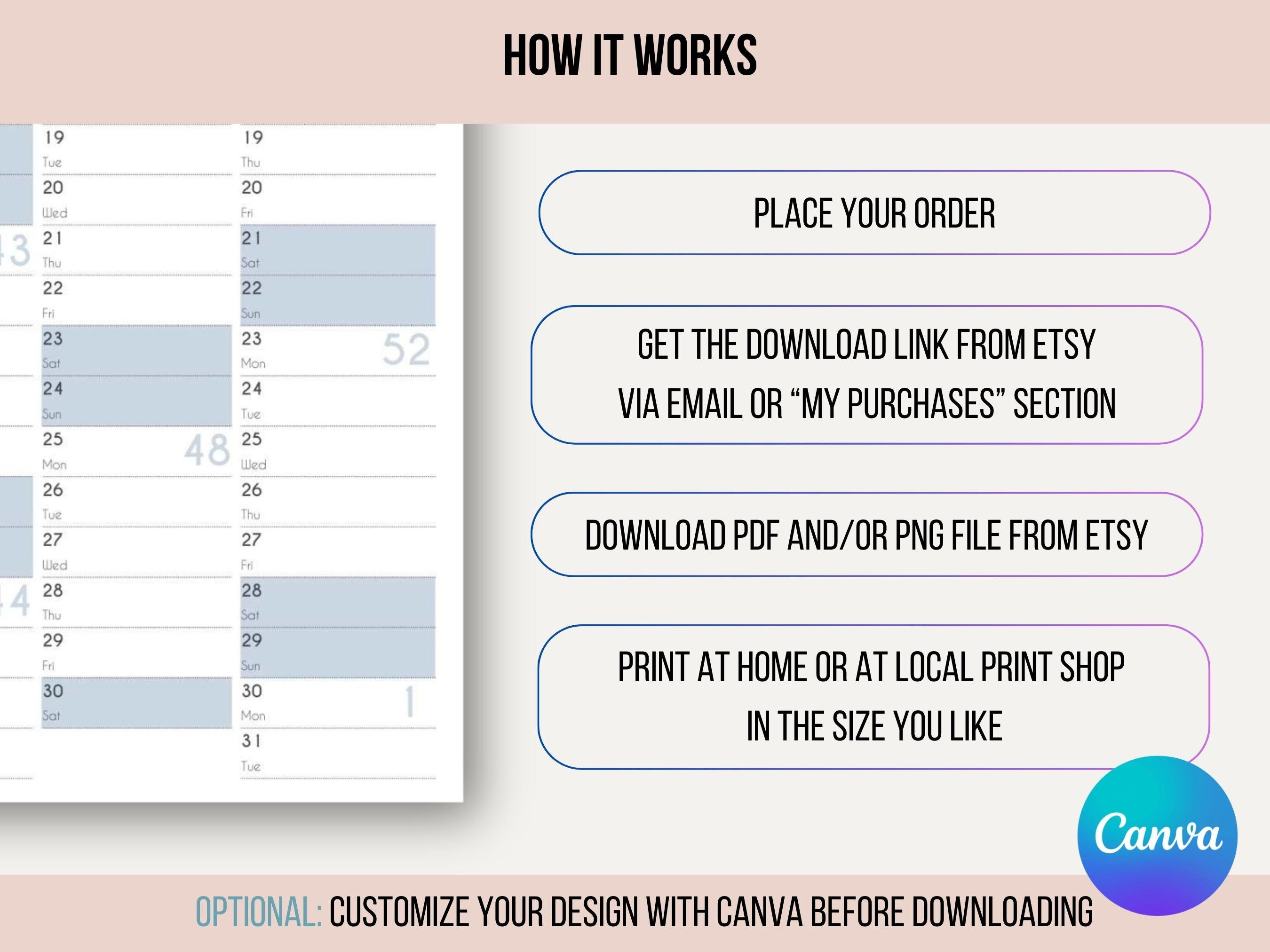 Printable 2024 Yearly Wall Calendar A1 to A4 Sizes Full Year Monthly ...