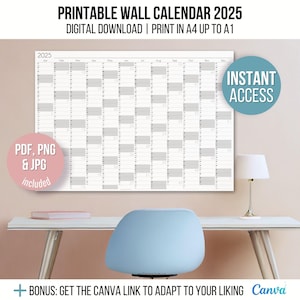 2025 Wall Calendar Printable - Big Yearly Planner, Giant Wall Calendar, Printable & Editable Yearly Planner 2025, grey landscape
