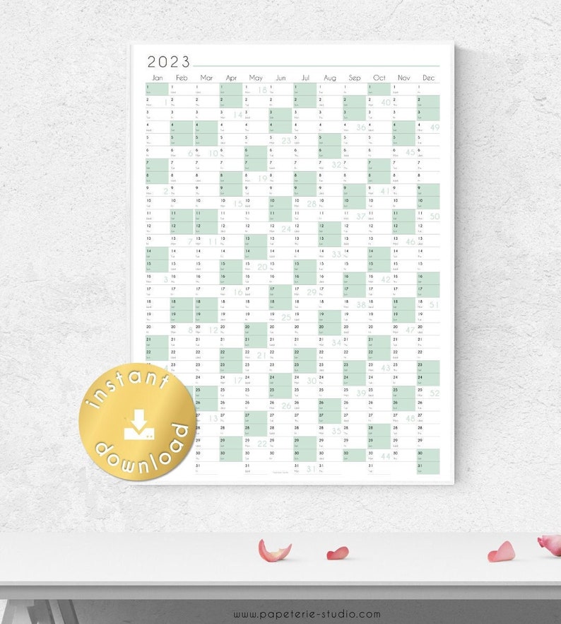 2023 YEARLY WALL CALENDAR Printable Mint Tones A1 to A4 Etsy