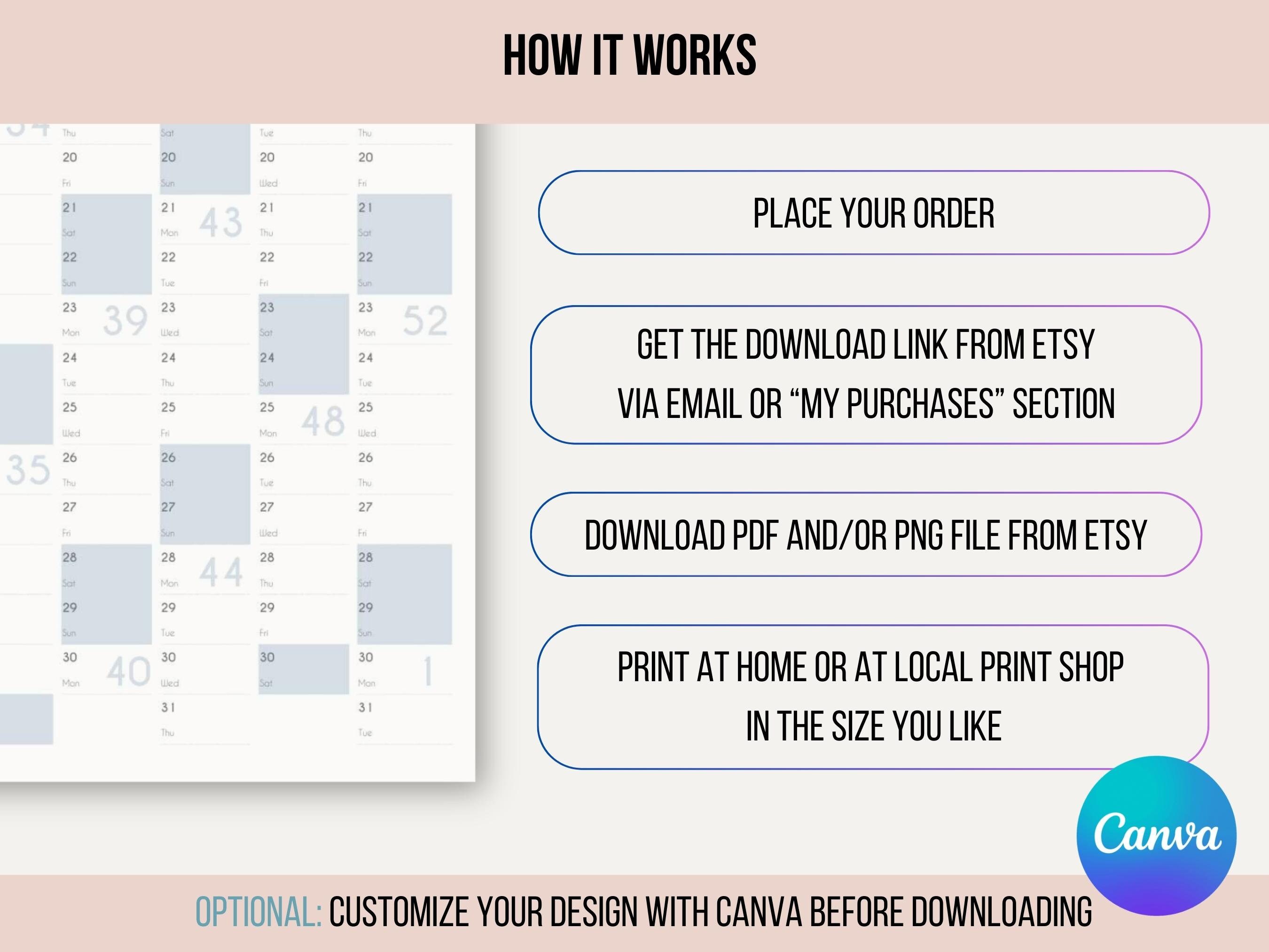 2024 YEARLY WALL CALENDAR Printable A1 to A4 Full Year Calendar 2024 ...