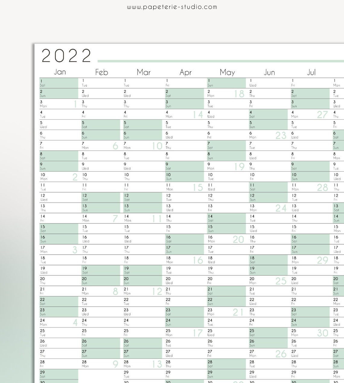 2022 YEARLY WALL CALENDAR printable Wall Planner 2022 Mint