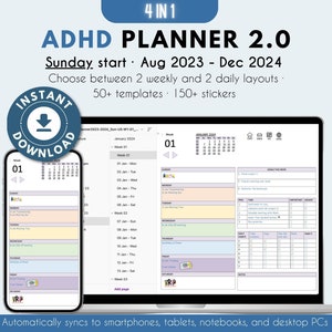 ADHD planner 2023-2024 for OneNote - Onenote template Aug 2023 - Dec 2024 One note planner ADHD digital planner Daily planner Sunday start