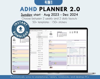 ADHD planner 2023-2024 for OneNote - Onenote template Aug 2023 - Dec 2024 One note planner ADHD digital planner Daily planner Sunday start