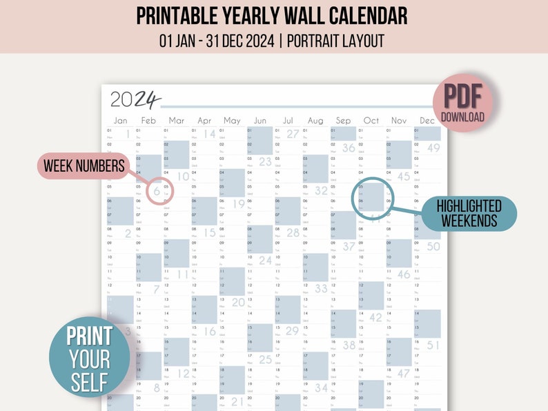 2024 YEARLY WALL CALENDAR Printable A1 to A4 Full Year Calendar 2024 ...