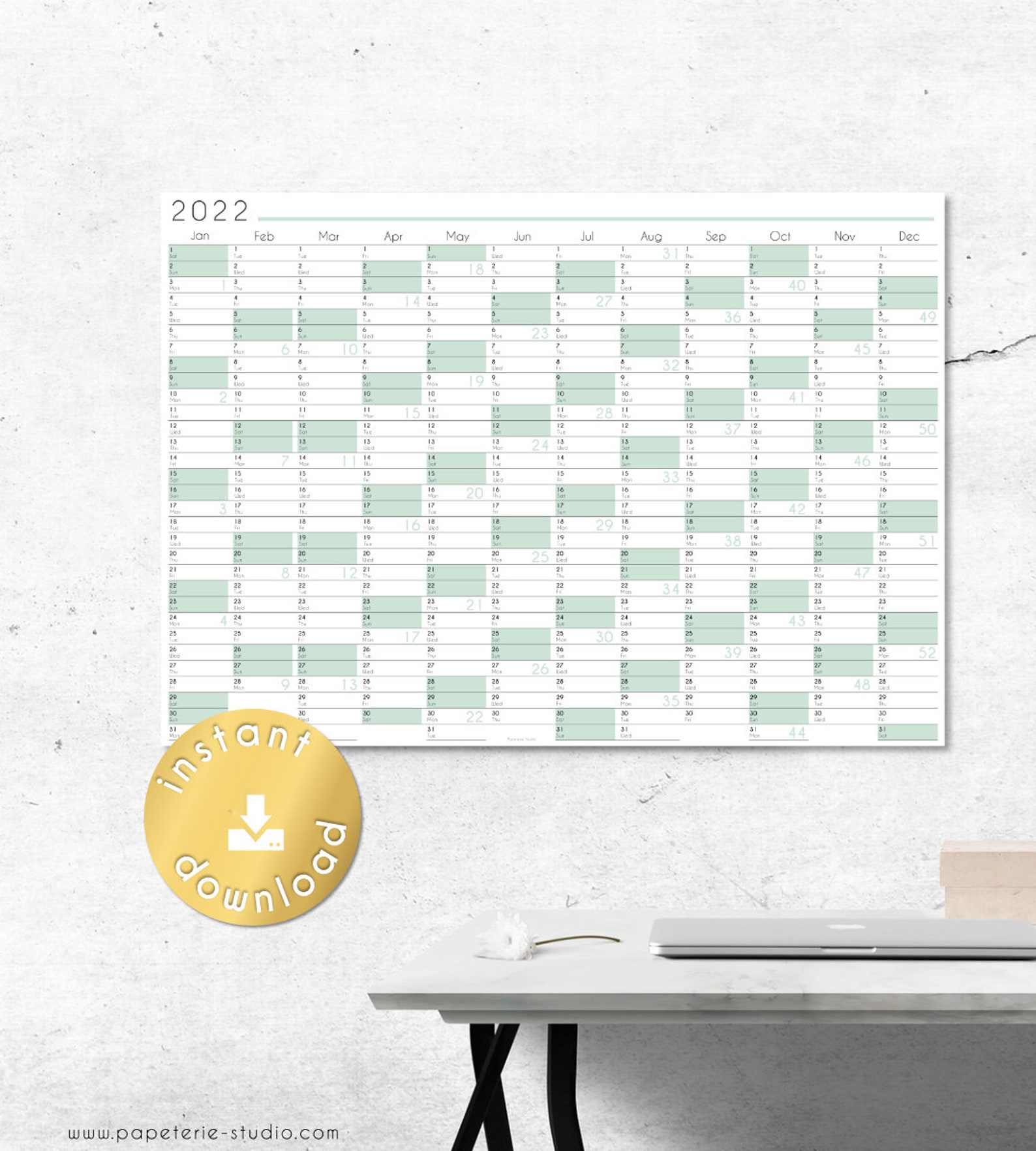 2022 YEARLY WALL CALENDAR Printable Wall Planner 2022 Mint Etsy
