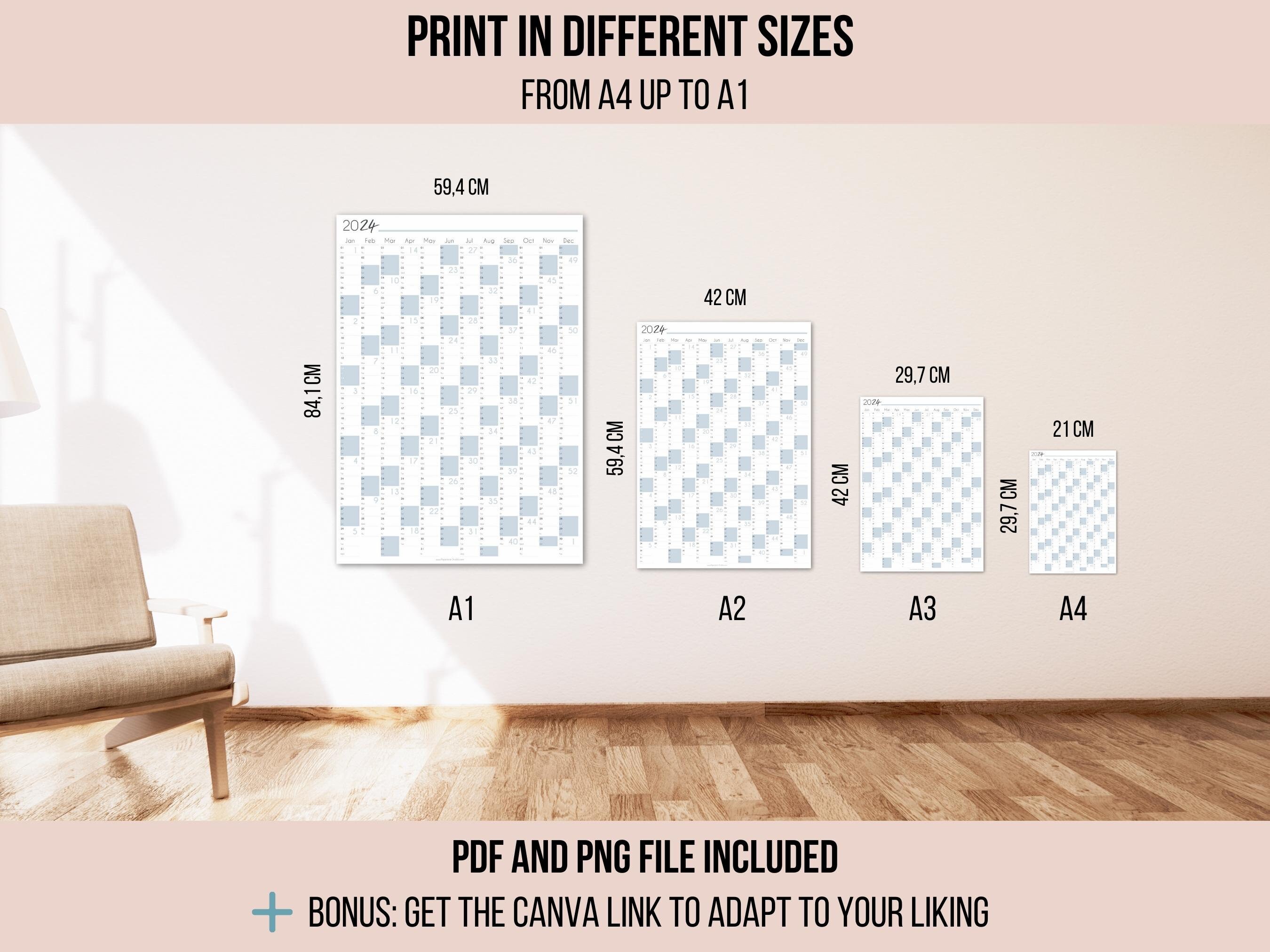 2024 YEARLY WALL CALENDAR Printable A1 to A4 Full Year Calendar 2024 ...