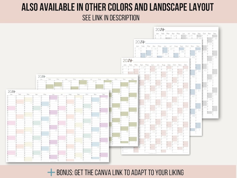 Printable 2024 Yearly Wall Calendar A1 to A4 Sizes Full Year Monthly ...