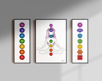 Könnte beinhalten: Drei gerahmte Kunstdrucke mit Chakra-Symbolen und einer meditierenden Figur. Die Drucke zeigen ein Farbspektrum von Rot bis Violett, das die sieben Chakren darstellt. Der zentrale Druck zeigt eine Person, die meditiert, mit ausgerichteten Chakra-Punkten.