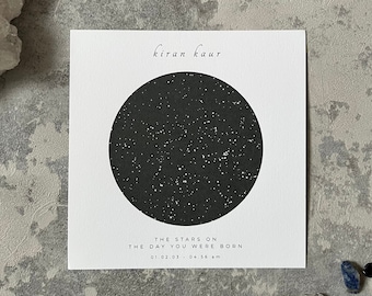 May include: A black and white star chart print with the text "kiran kaur" at the top and "THE STARS ON THE DAY YOU WERE BORN 01.02.03 - 04:56 am" at the bottom.