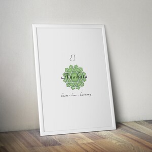 May include: A white framed print with a green and white illustration of the Anahata chakra, the heart chakra. The Sanskrit symbol for the heart chakra is above the illustration. The text below the illustration reads "heart - love - harmony".