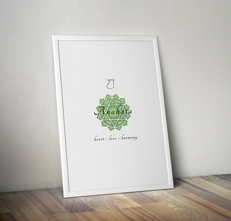May include: A white framed print with a green and white illustration of the Anahata chakra, the heart chakra. The Sanskrit symbol for the heart chakra is above the illustration. The text below the illustration reads "heart - love - harmony".
