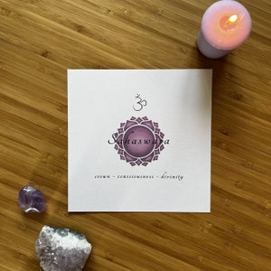 May include: A white card with a purple and white mandala, the word "Sahasrara" and the text "crown - consciousness - divinity".