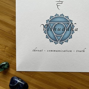 May include: A blue and white mandala with the Sanskrit word "Vishuddha" written in black. The text "throat - communication - truth" is written below the mandala.