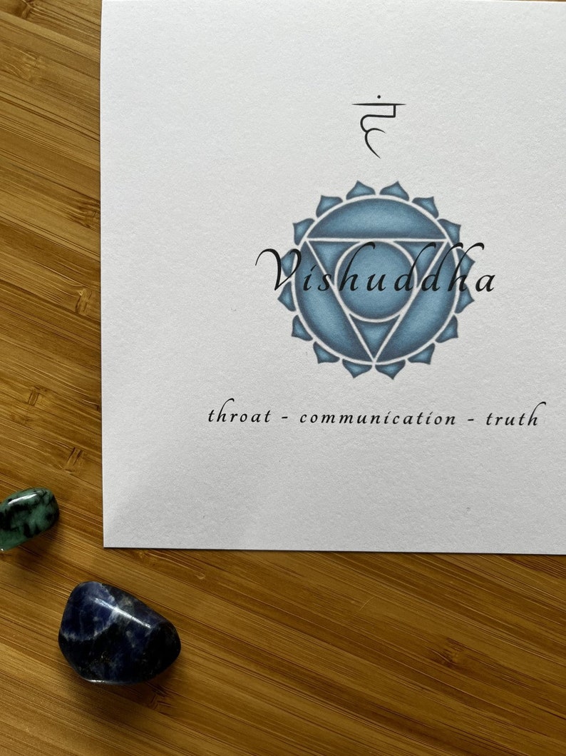 May include: A blue and white mandala with the Sanskrit word "Vishuddha" written in black. The text "throat - communication - truth" is written below the mandala.