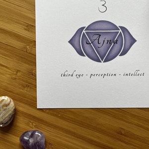 May include: A white card with a purple and black illustration of the Ajna chakra, also known as the third eye chakra. The card also includes the Sanskrit symbol Om and the text "Ajna", "third eye - perception - intellect".