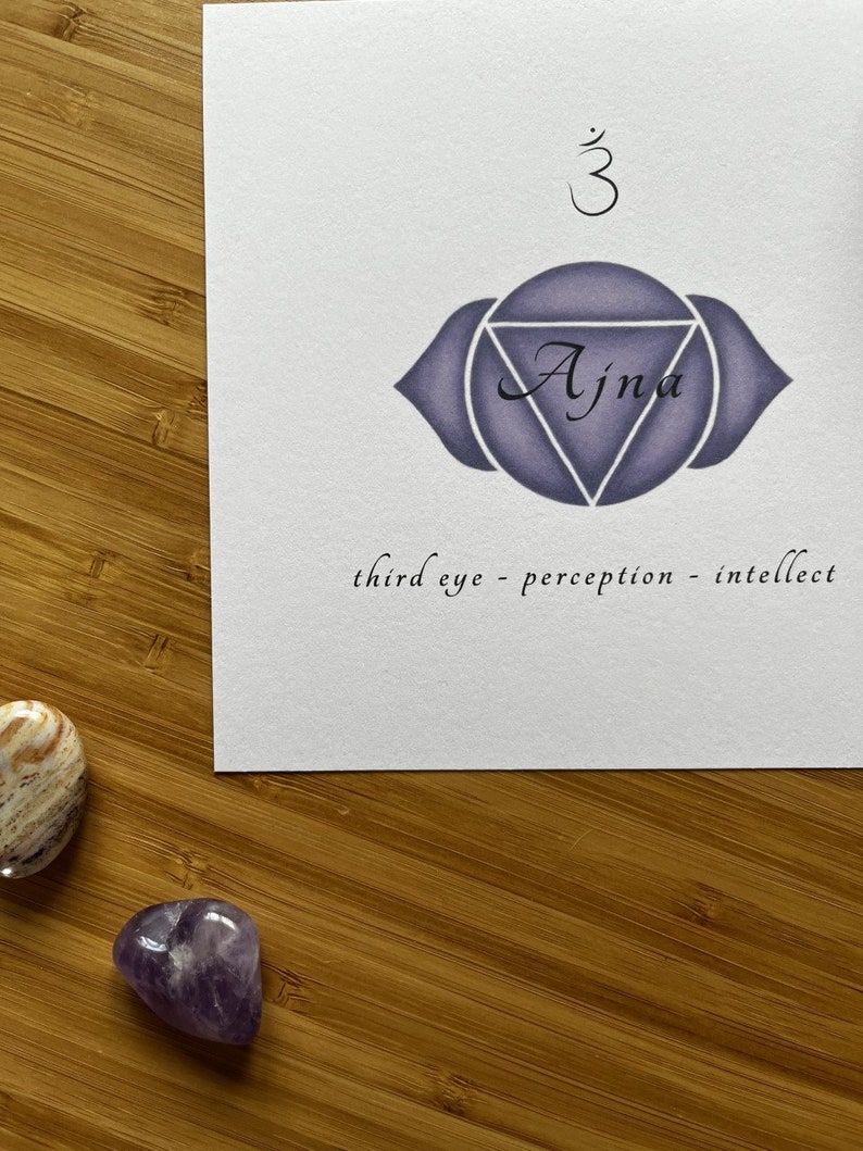 May include: A white card with a purple and black illustration of the Ajna chakra, also known as the third eye chakra. The card also includes the Sanskrit symbol Om and the text "Ajna", "third eye - perception - intellect".