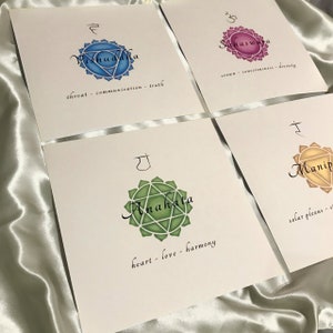 May include: Four white cards with illustrations of the seven chakras. Each card features a Sanskrit symbol, a geometric mandala, and a description of the chakra's location and meaning. The chakras are: Vishuddha (throat), Anahata (heart), Manipura (solar plexus), and Sahasrara (crown).
