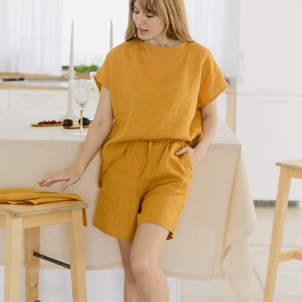 Mustard Linen Shorts for Women, High-Waisted 100% Pure Linen Shorts in 35 Colors