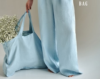 Linen Tote Bag French Style Solid or Floral Color Heavy Cloth Beach Shoulder Bags with Pockets Christmas Gift