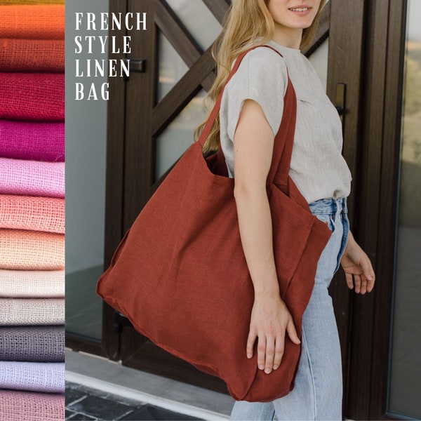Versatile Linen Tote Bag with Spacious Design and Convenient Pocket, Elegant Heavy Linen Bag Shoulder in a Spectrum of Colors