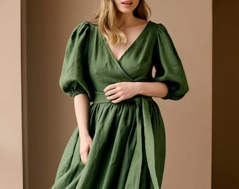 Wrap Dress Midi Linen Dresses LIA Puff Sleeve for Woman XL XXL Available